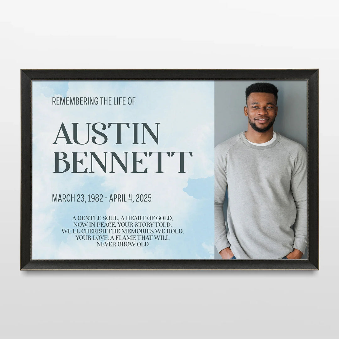 Remembering The Life Memorial Photo Poster with Blue Clouds Background