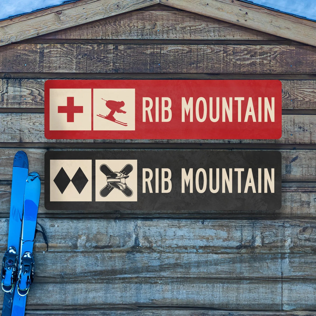 Two Rib Mountain ski trail metal signs on wood wall with medical and ski icons and blue skis