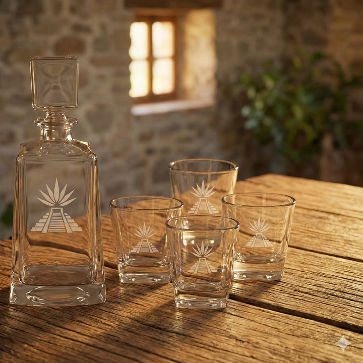 Custom engraved glass decanter and four shot glasses with pyramid and leaf design on wooden table