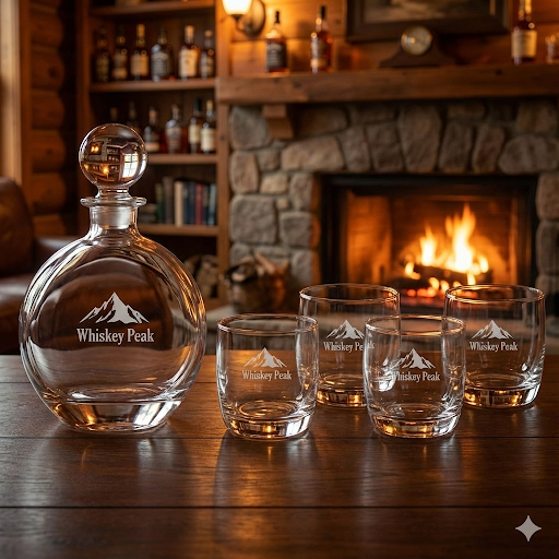 Whiskey Peak branded glass decanter and four whiskey glasses on wooden table with cozy fireplace background