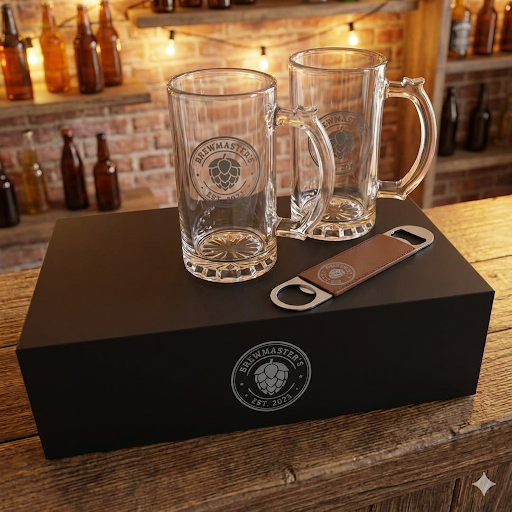Custom Brewmaster beer mugs and bottle opener set on wooden table with brick wall background, premium personalized gift