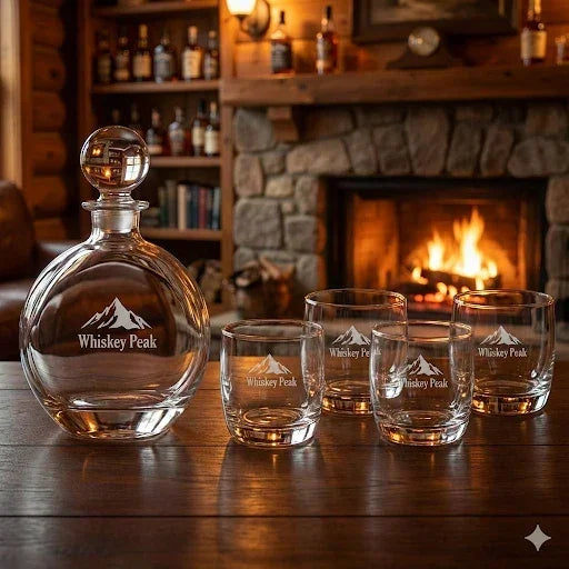 Round Personalized Whiskey Decanter Set with 4 Engraved Glasses - iCustomLabel