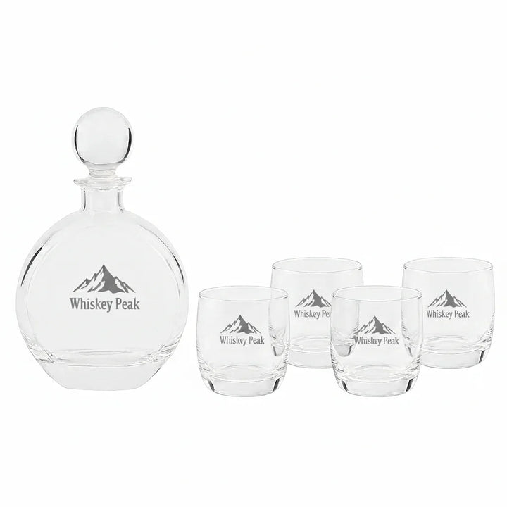 Round Personalized Whiskey Decanter Set with 4 Engraved Glasses