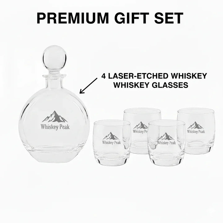 Round Personalized Whiskey Decanter Set with 4 Engraved Glasses