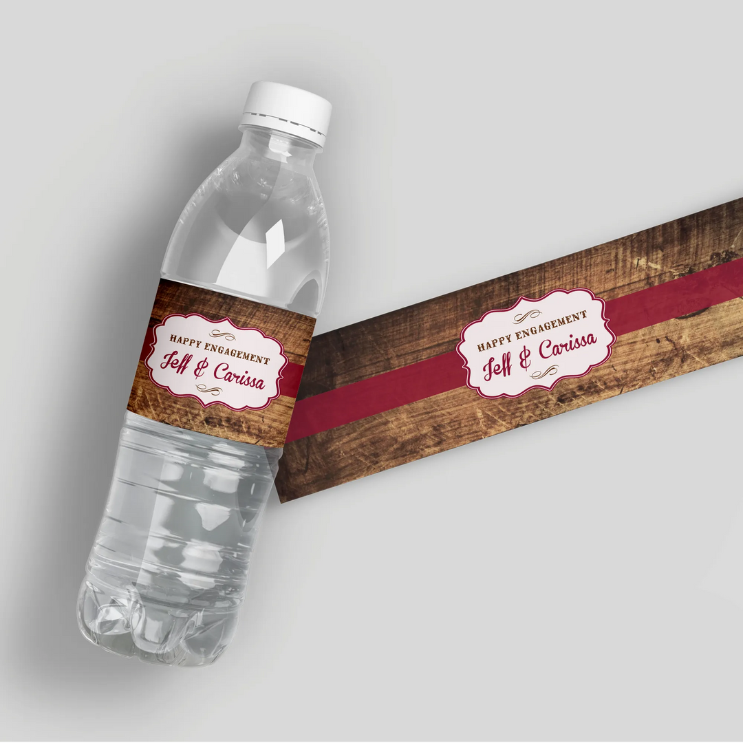 Rustic wood and maroon engagement water bottle label on plastic bottle