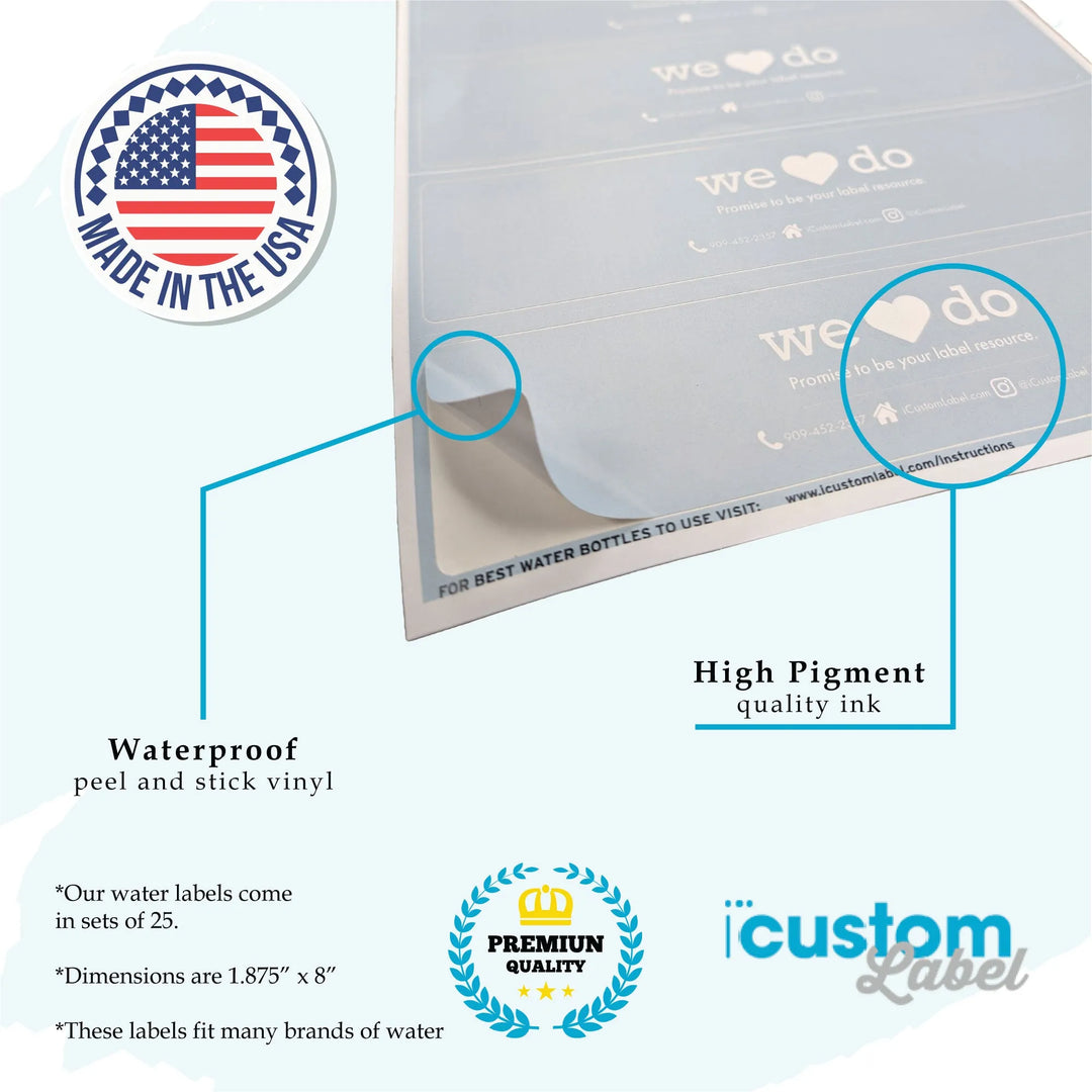 Peel and stick waterproof vinyl water bottle labels with high pigment ink, made in the USA.