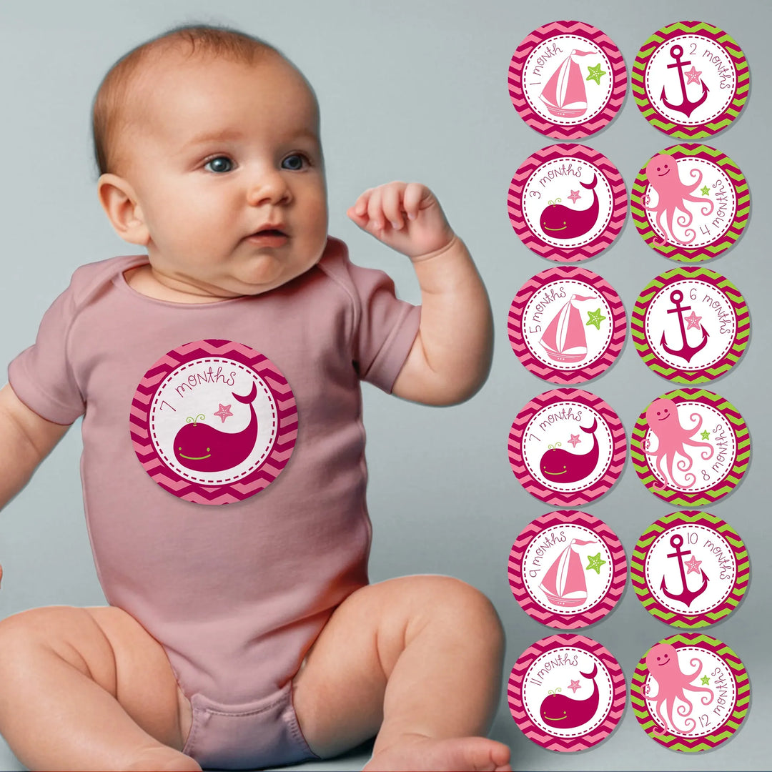 Sea Critter Pink Baby Month Stickers - iCustomLabel