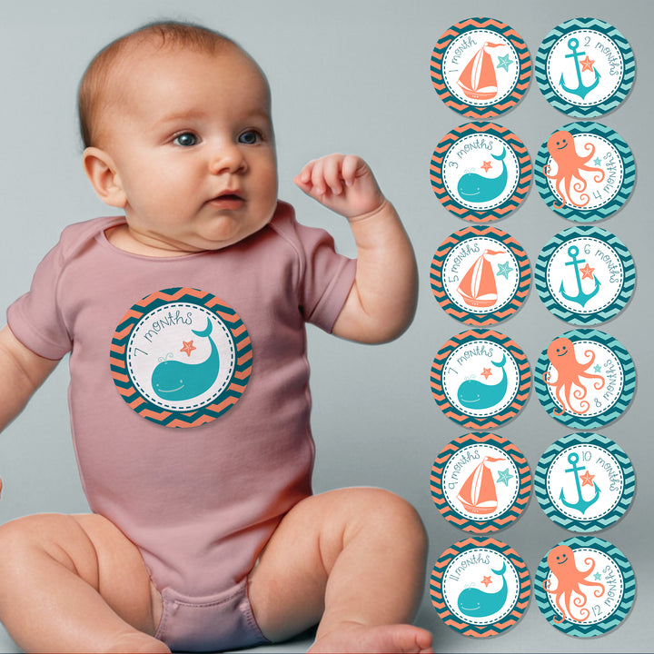 Sea Critter Teal Baby Month Stickers - iCustomLabel