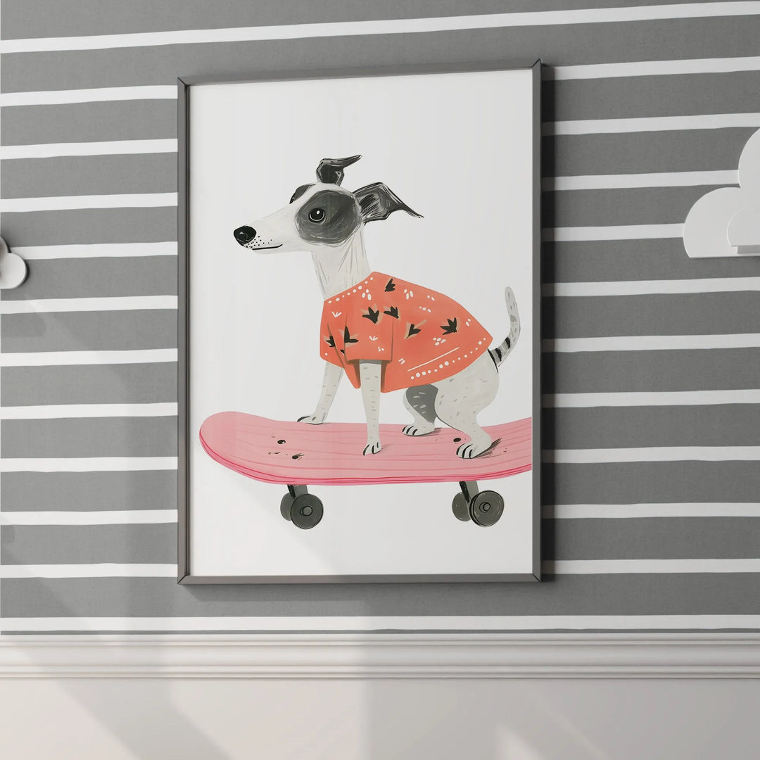Nursery wall art showing a dog in a red patterned shirt standing on a pink skateboard against striped grey wall