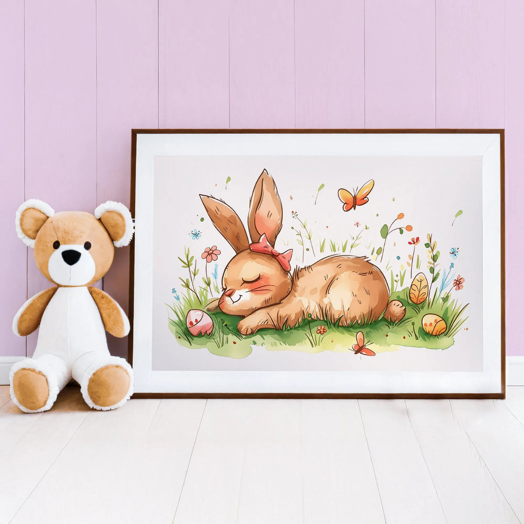 Sleepy Bunny Nursery Poster – Cute Wall Art with Flowers and Butterflies - iCustomLabel