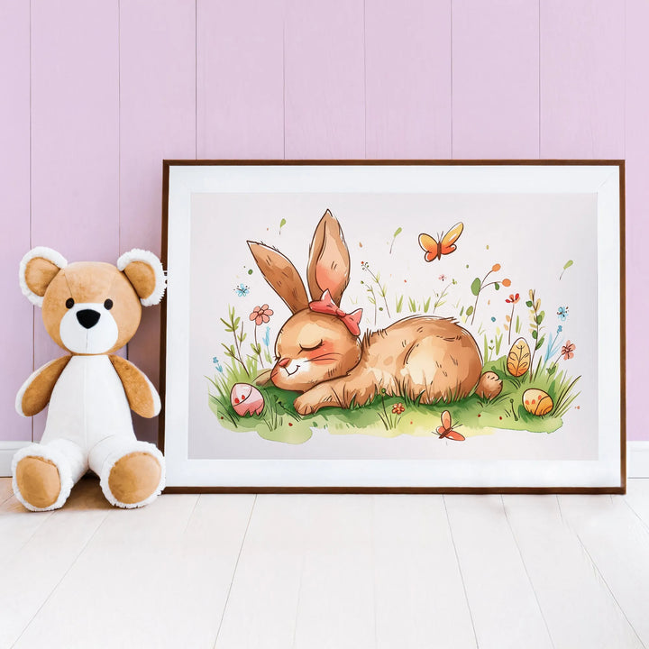 Sleepy Bunny Nursery Poster – Cute Wall Art with Flowers and Butterflies - iCustomLabel