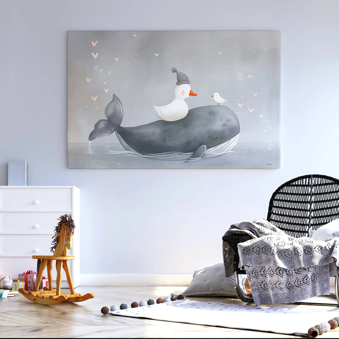 Nursery wall art with sleeping gray whale, white duck wearing gray hat, and small white bird on light gray background