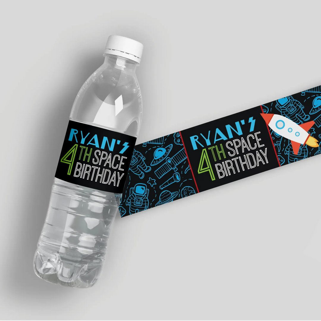 Space Birthday Water Bottle Labels - iCustomLabel