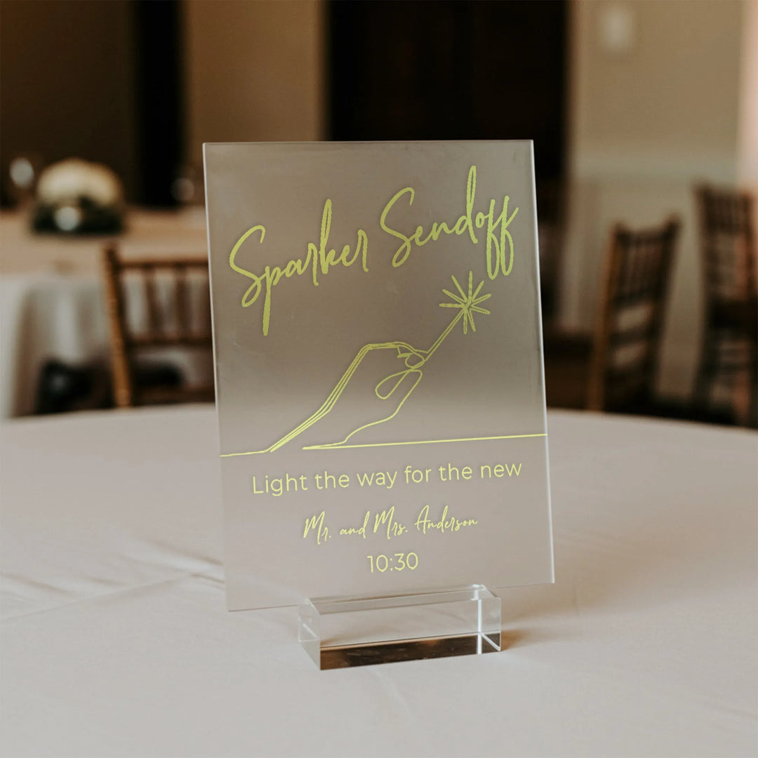 Wedding table sign for sparkler sendoff with hand holding sparkler and personalized text