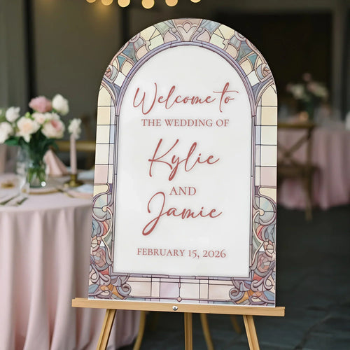 Subtle shades stained glass wedding welcome sign on clear acrylic