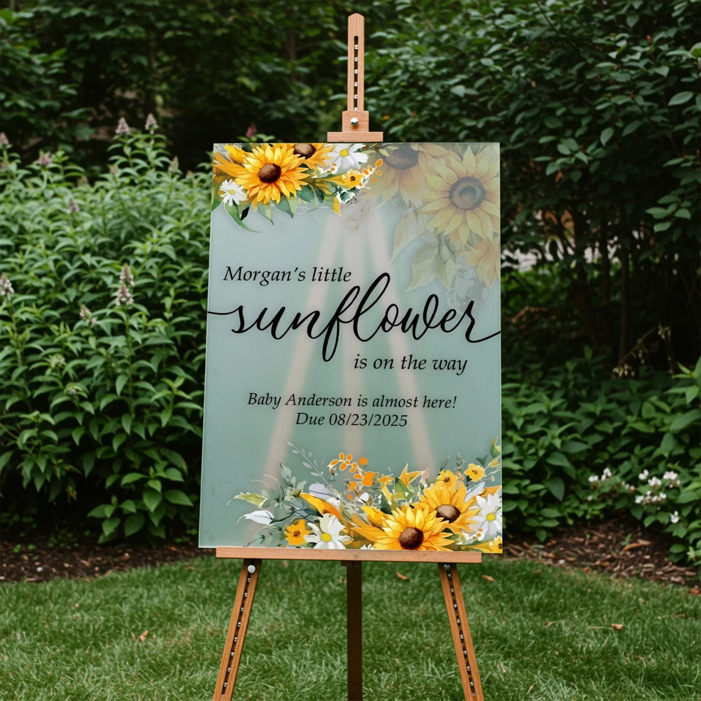 Personalized sunflower baby shower welcome sign displayed at a baby shower