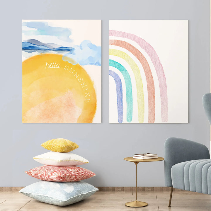 Sunshine Pals Poster – Watercolor Nursery Wall Art with Sunshine and Rainbow Designs - iCustomLabel