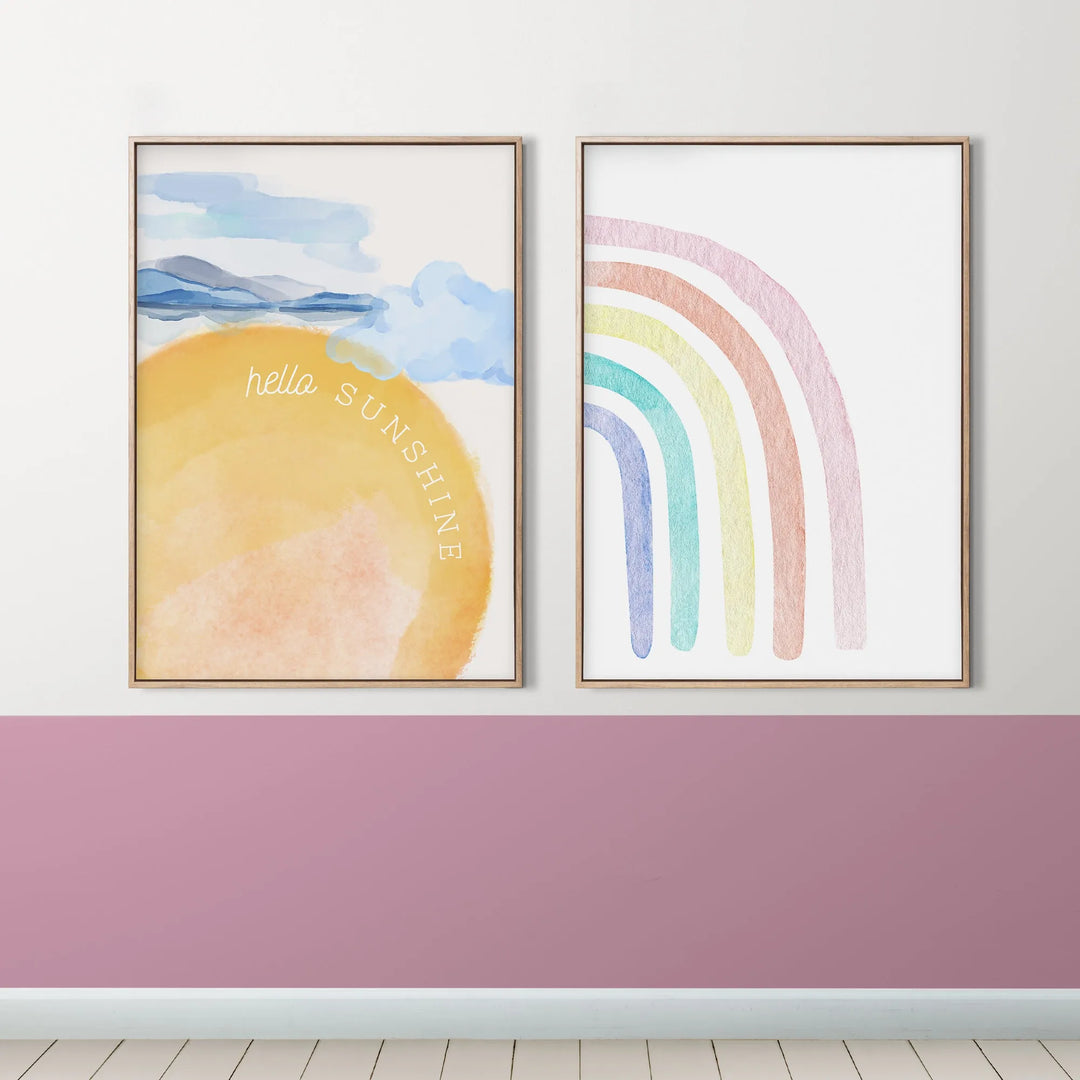Sunshine Pals Poster – Watercolor Nursery Wall Art with Sunshine and Rainbow Designs - iCustomLabel