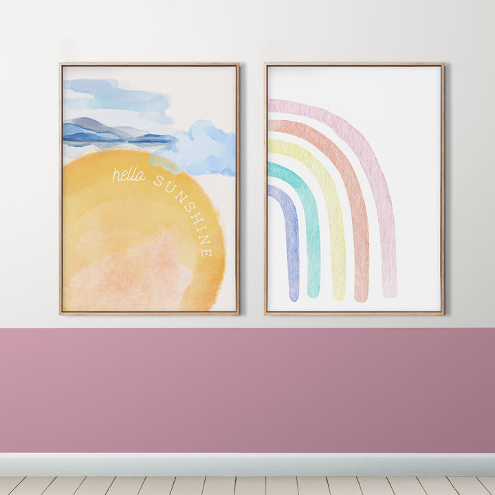 Sunshine Pals Poster – Watercolor Nursery Wall Art with Sunshine and Rainbow Designs - iCustomLabel
