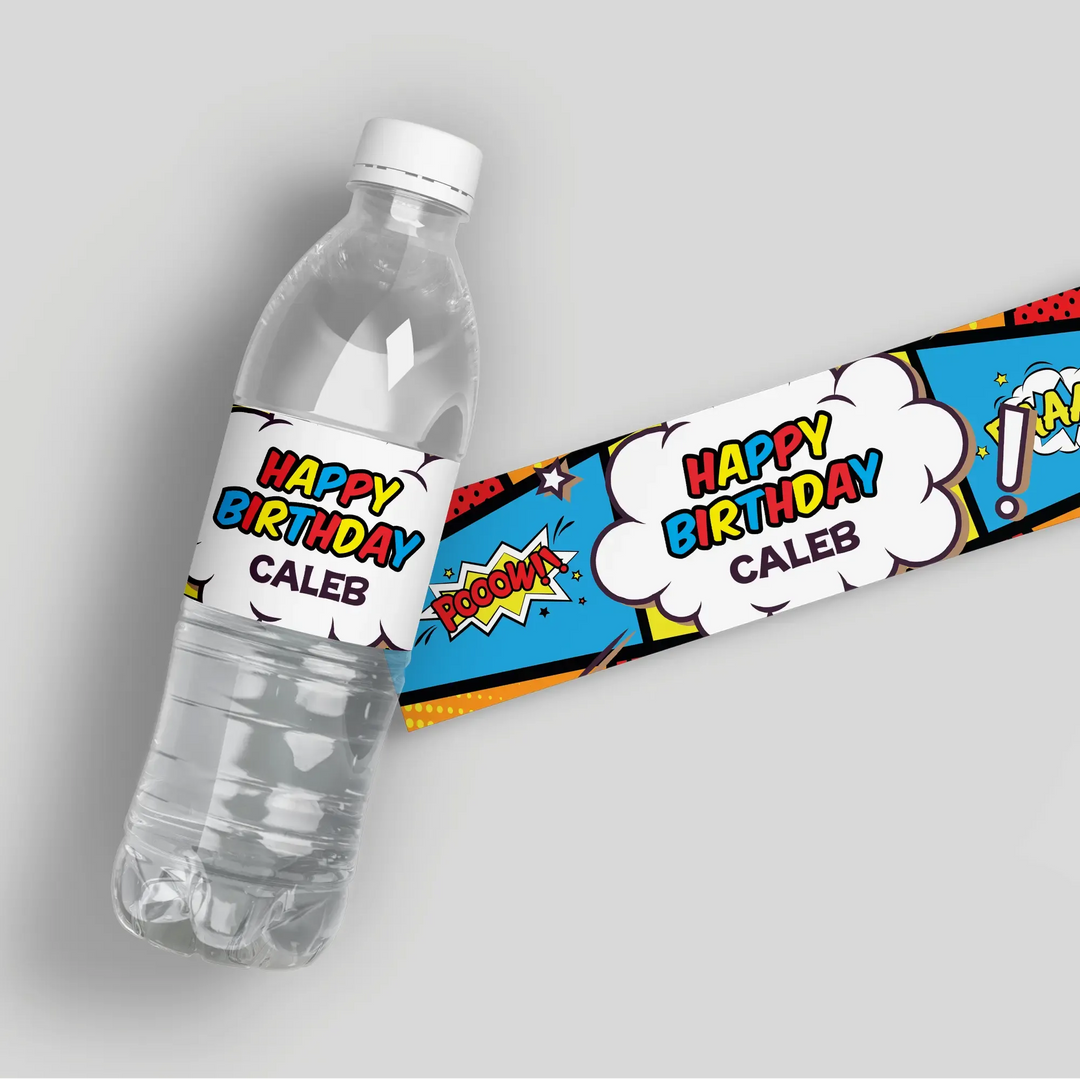 Superhero Birthday Water Bottle Labels - iCustomLabel