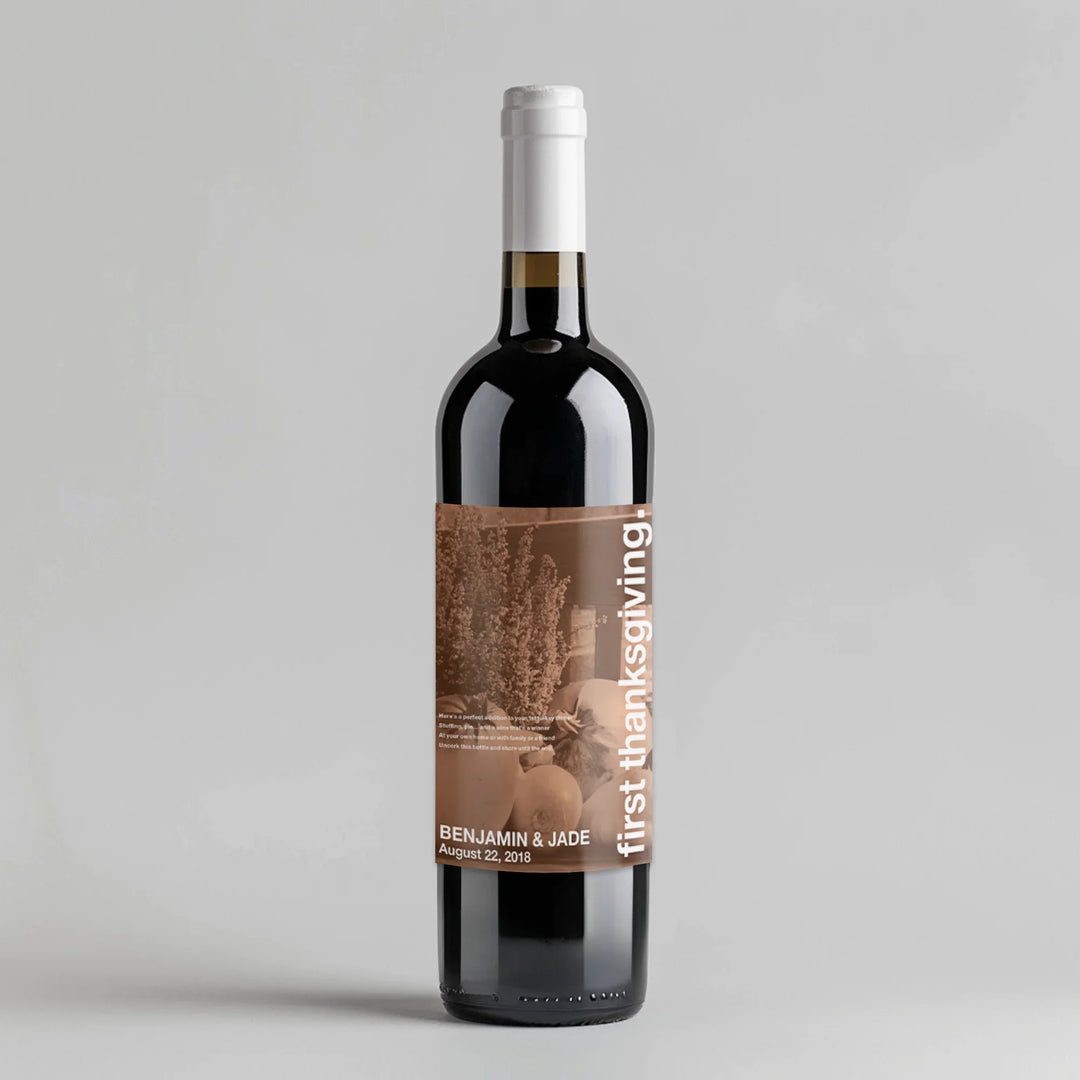 Custom wine bottle with First Thanksgiving milestone label, Thanksgiving decor, personalized text