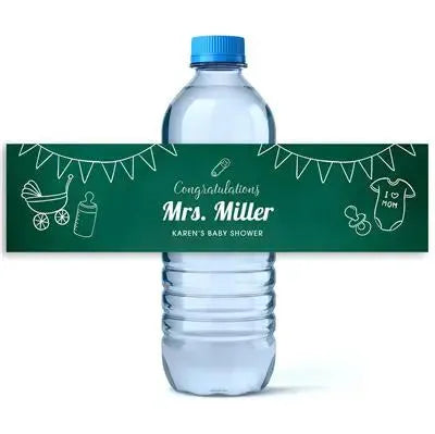 Baby shower water bottle label with green chalkboard design, bunting, and baby icons.