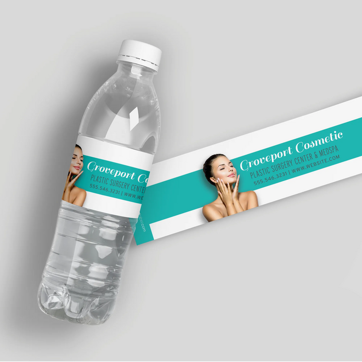 Teal plastic surgery water bottle label featuring Groveport Cosmetic branding and model