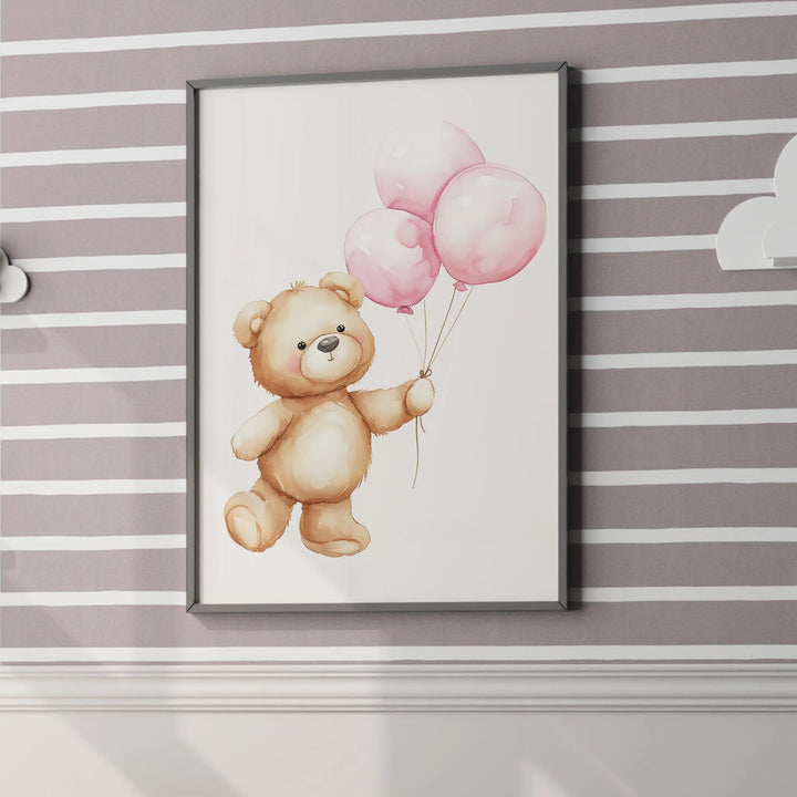 Teddy Bear with Balloons Nursery Poster – Cute Kids Room Wall Art - iCustomLabel