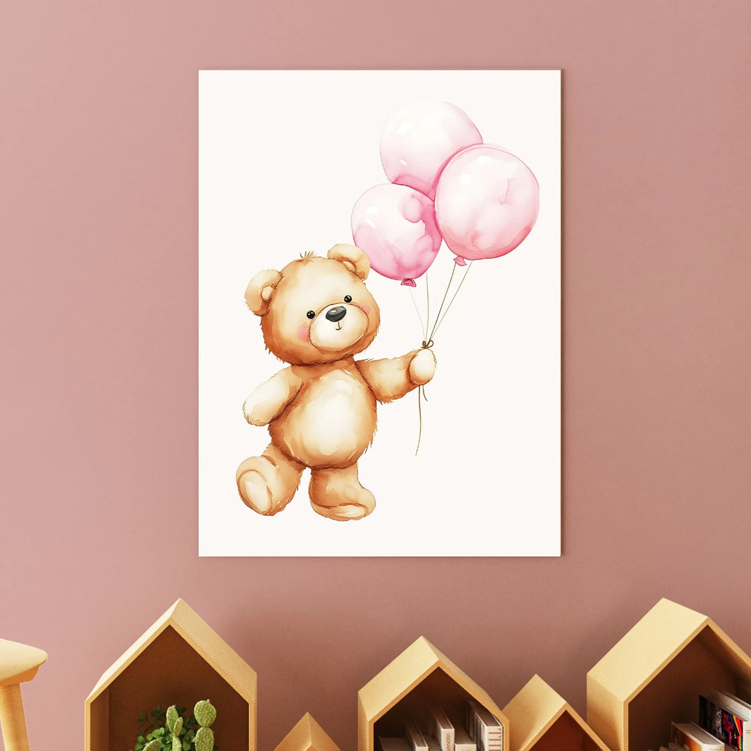 Teddy Bear with Balloons Nursery Poster – Cute Kids Room Wall Art - iCustomLabel