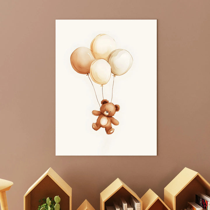 Nursery wall art of a cute brown teddy bear floating with beige balloons in a kids room