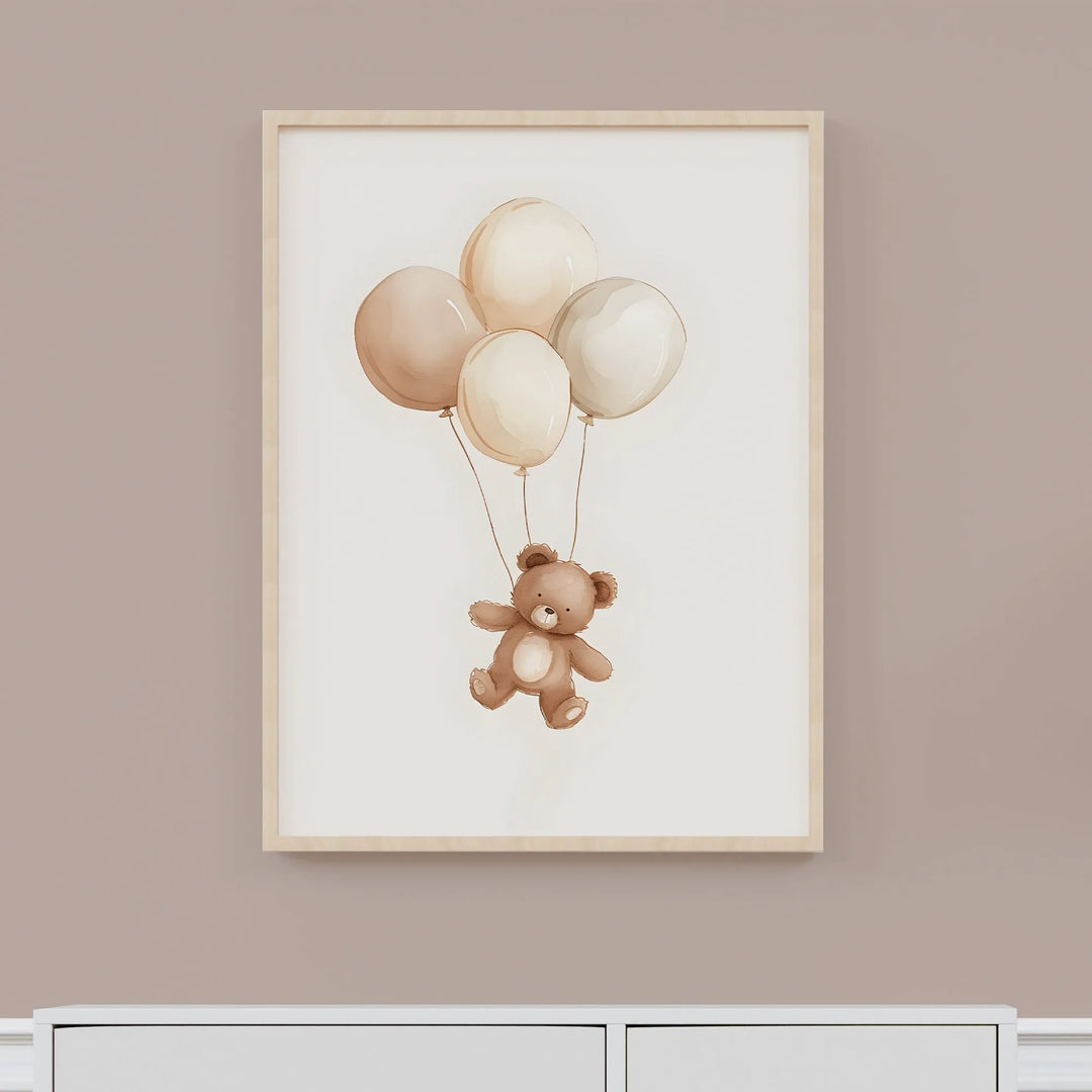Teddy Bear with Balloons Nursery Poster – Cute Kids Room Wall Art with Beige Balloons - iCustomLabel