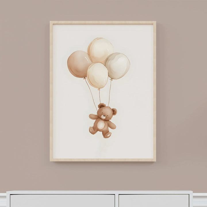 Teddy Bear with Balloons Nursery Poster – Cute Kids Room Wall Art with Beige Balloons - iCustomLabel