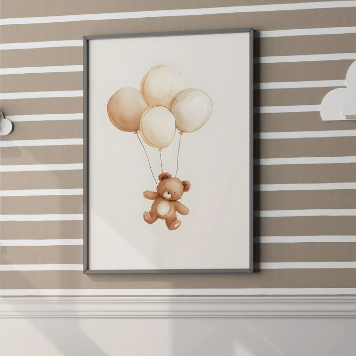 Teddy Bear with Balloons Nursery Poster – Cute Kids Room Wall Art with Beige Balloons - iCustomLabel