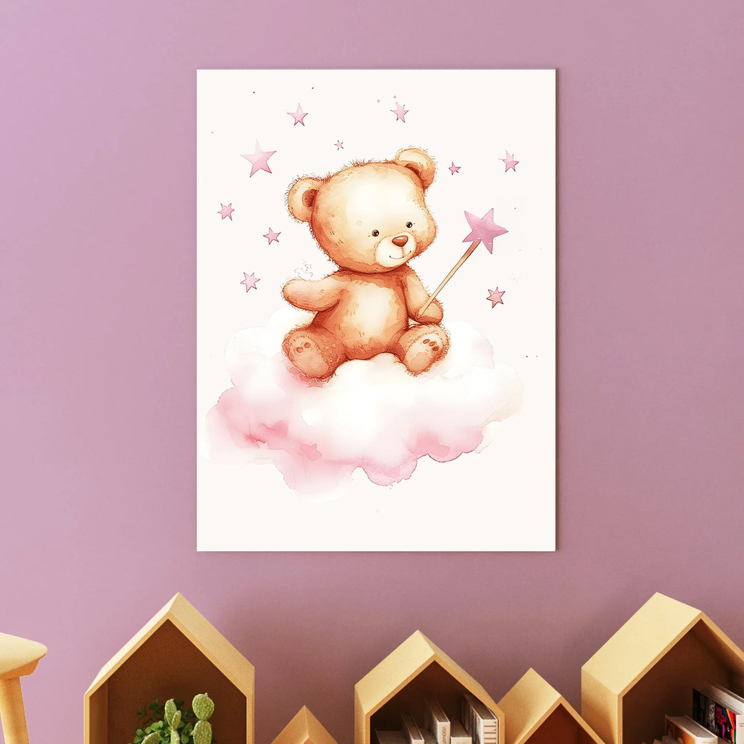 Cute teddy bear sitting on a cloud holding a star wand with pink stars nursery wall art