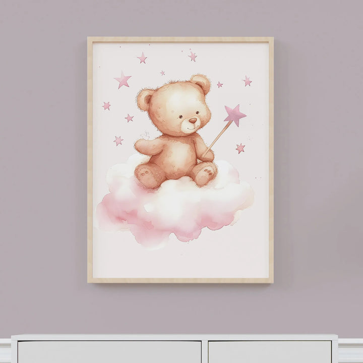 Teddy Bear with Wand Nursery Poster – Cute Kids Room Wall Art with Stars and Clouds - iCustomLabel