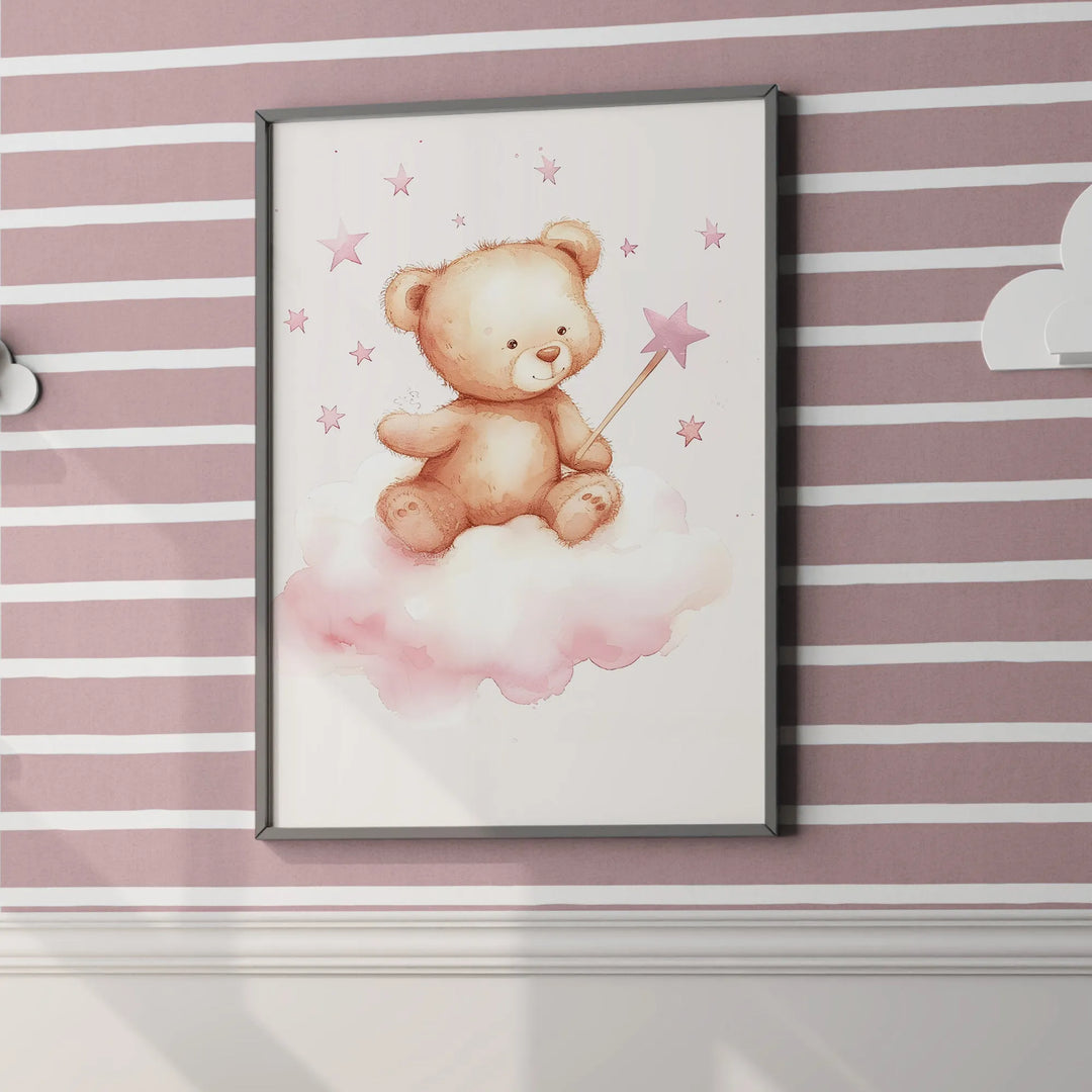 Teddy Bear with Wand Nursery Poster – Cute Kids Room Wall Art with Stars and Clouds - iCustomLabel
