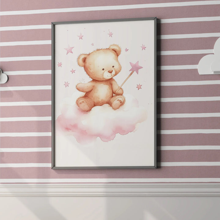 Teddy Bear with Wand Nursery Poster – Cute Kids Room Wall Art with Stars and Clouds - iCustomLabel