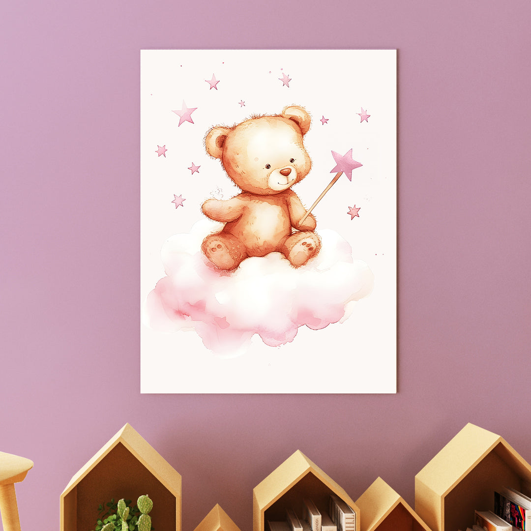 Teddy Bear with Wand Nursery Poster – Cute Kids Room Wall Art with Stars and Clouds - iCustomLabel