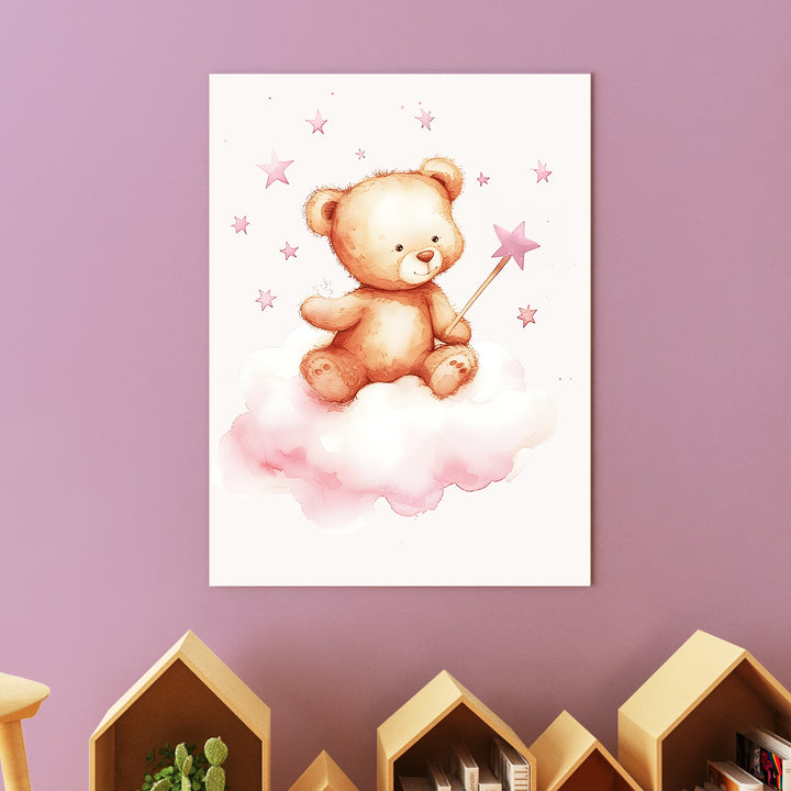 Teddy Bear with Wand Nursery Poster – Cute Kids Room Wall Art with Stars and Clouds - iCustomLabel