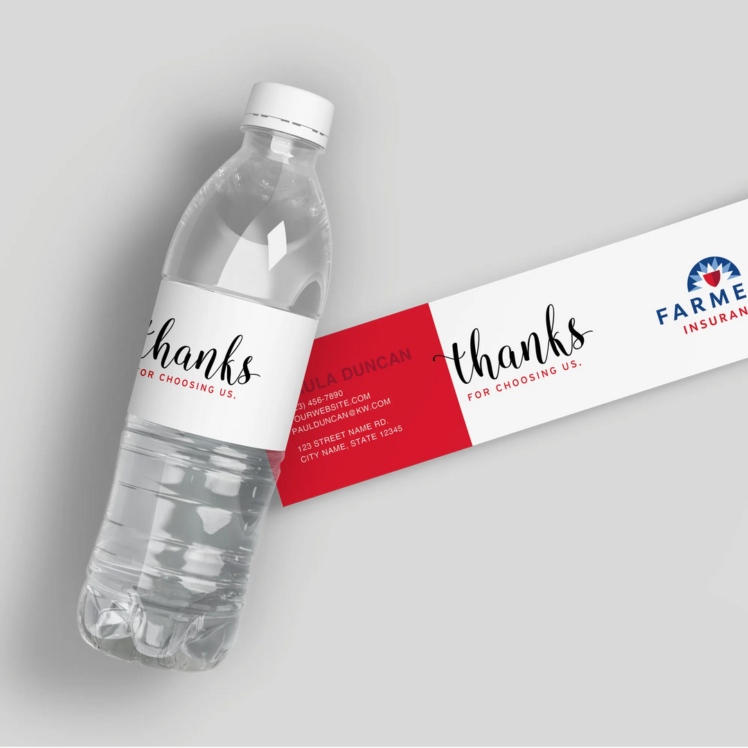 Thanks Farmers Insurance branded water bottle label with contact details on white and red design