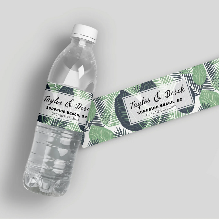 Tropical leaves wedding water bottle label with custom names and date