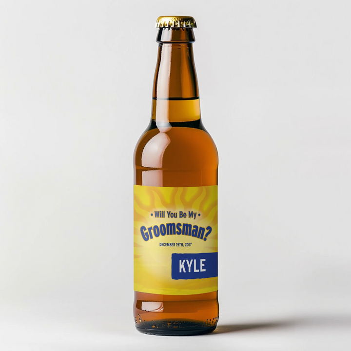 Beer bottle with custom yellow groomsman proposal label reading 'Will You Be My Groomsman? KYLE'.