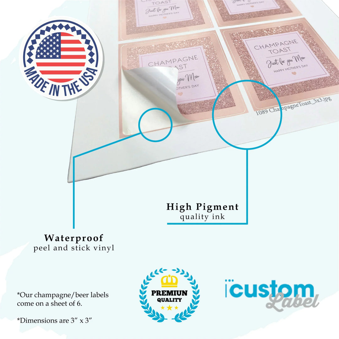 Sheet of champagne toast beer labels with peel and stick vinyl, made in the USA, icustomlabel branding