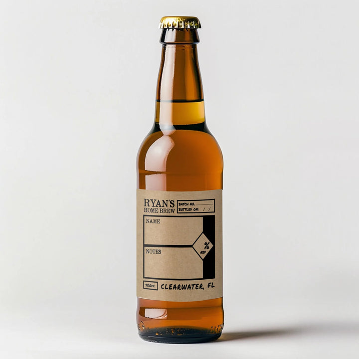 Brown home brew beer bottle with custom typewriter-style label on white background