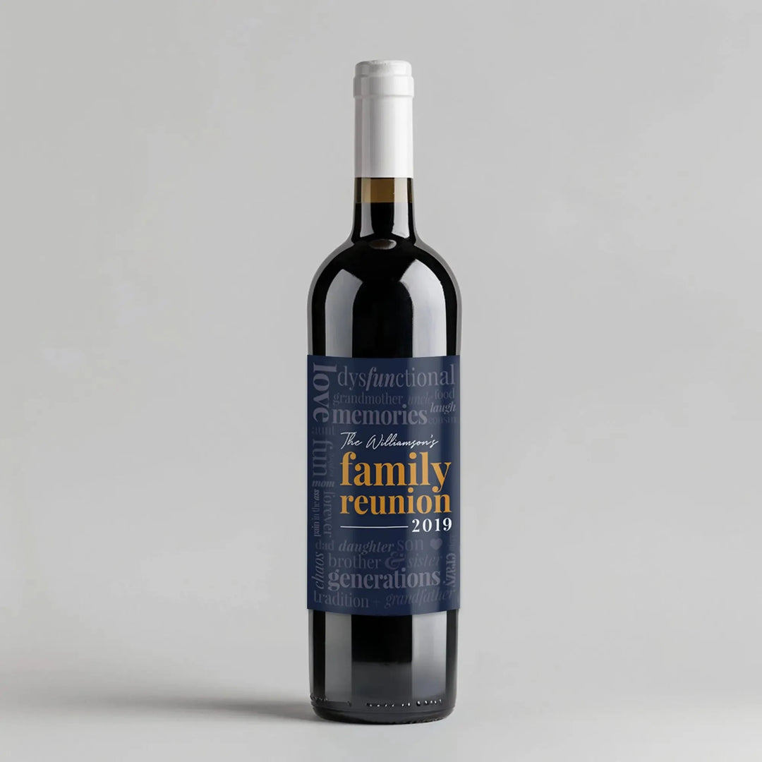 Custom wine bottle with navy family reunion label, yellow text, and word art design