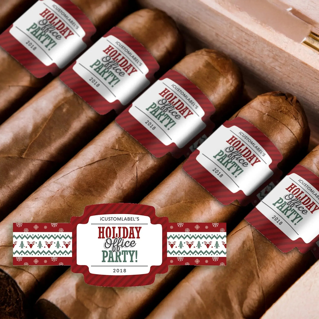 Holiday office party cigars with festive custom bands in a wooden box