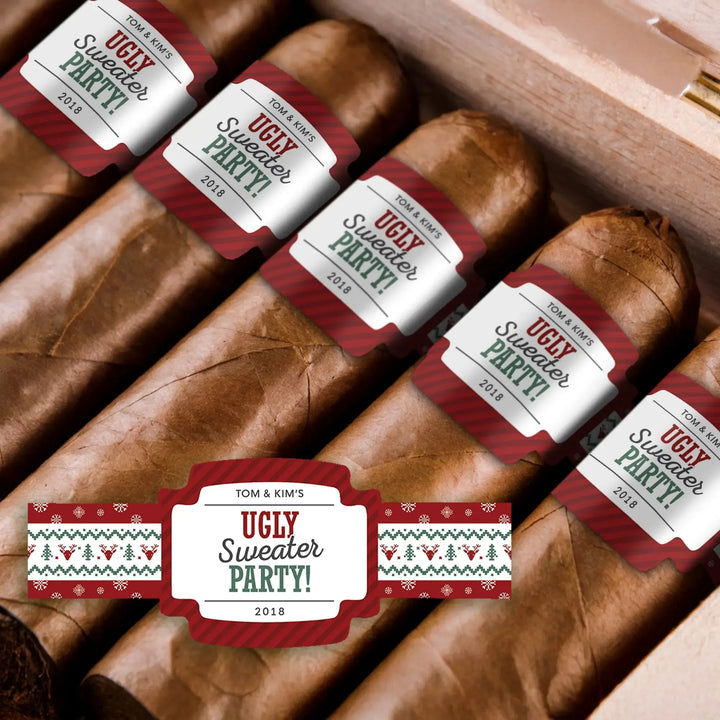 Cigars in a box with custom ugly sweater party cigar bands, festive holiday design