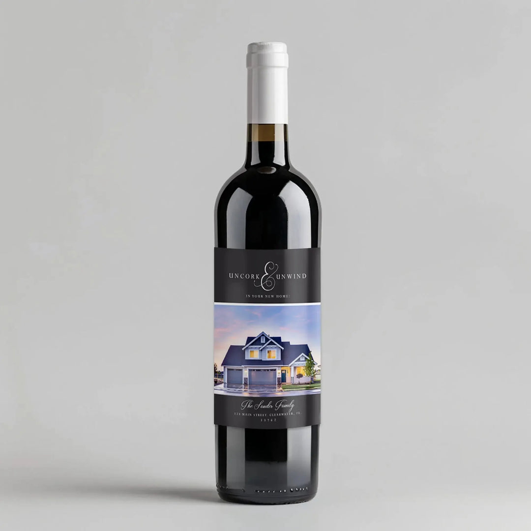 Uncork and Unwind wine bottle with custom house label on light grey background