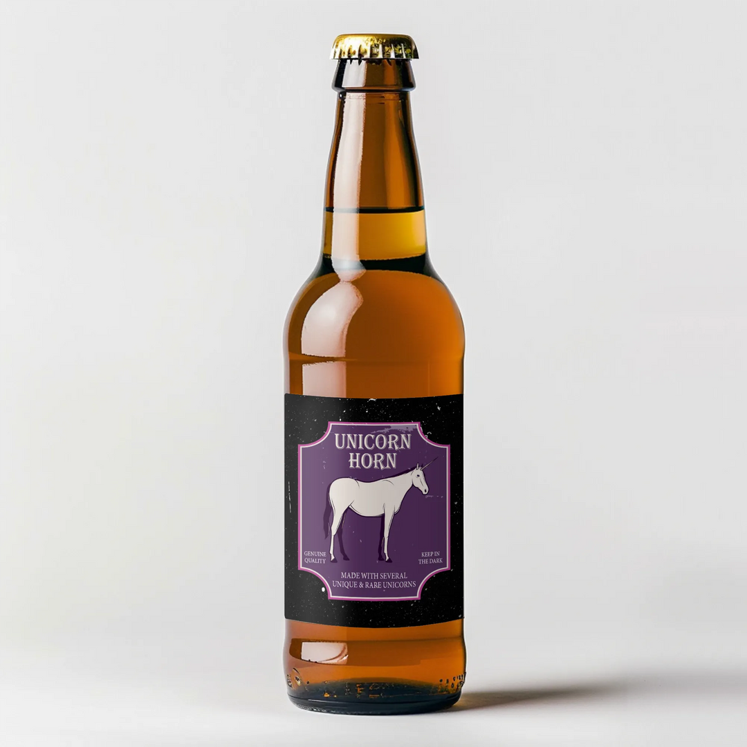 Unicorn Horn beer bottle with purple label featuring a unicorn illustration on white background.