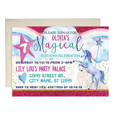 Unicorn birthday invitation with rainbow, glitter border, and party details in colorful text.